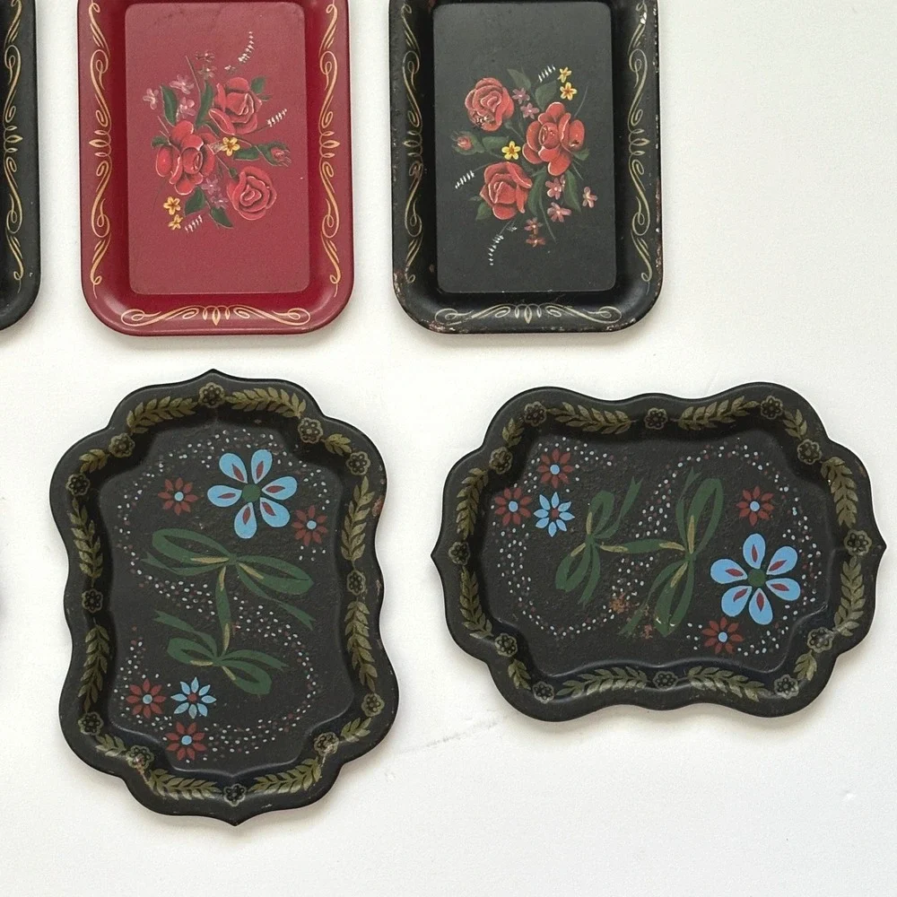 Vintage Set of 6 Mini Trays Toleware Floral  Black Red Rose Shabby Cottage Folk